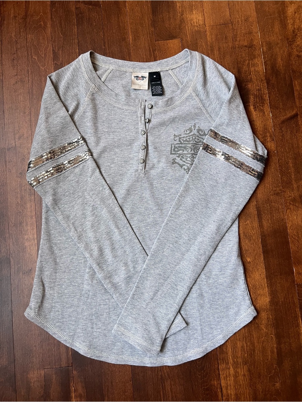 Harley-Davidson Light Gray Long-Sleeve Henley with Sequin Arm Stripes